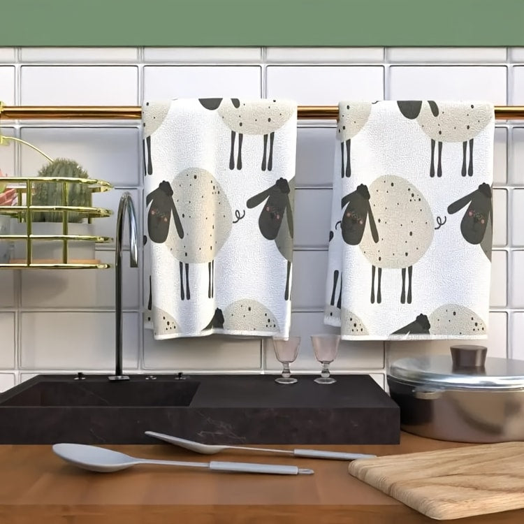Cute Lamb Kitchen Towel Set, Super Absorbent Cleaning Cloths, Soft Hand Towel and Dishcloth for Cooking, Baking